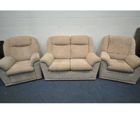 A G PLAN BEIGE AND RED PATTERNED THREE PIECE LOUNGE SUITE, comprising a two seater sofa, length 144cm x depth 90cm x height 1