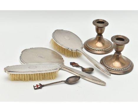 A SELECTION OF SILVER ITEMS, to include a three piece silver vanity set, engine turned pattern, each piece hallmarked 'Adie B