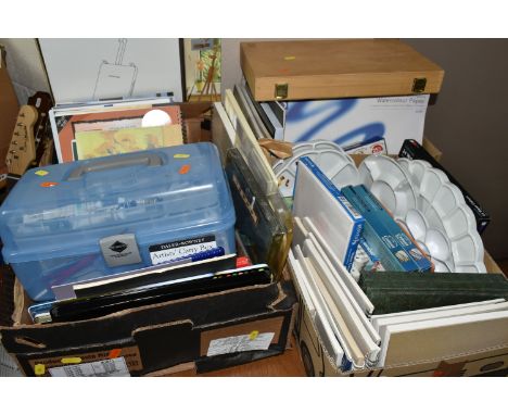 THREE BOXES OF USED AND UNUSED ART SUPPLIES, to include unused Windsor &amp; Newton tube  and pan painting boxes, Reeves soft