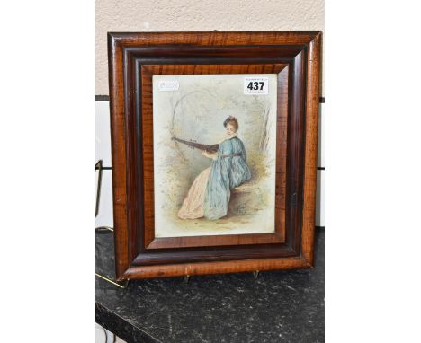 FOUR FRAMED LATE 19TH CENTURY TILE PICTURES, comprising a rectangular tile painted with a late 18th style lady seated with a 