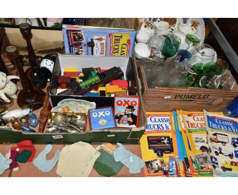 THREE BOXES AND LOOSE CERAMICS, GLASS, METAL WARES, TREEN, TOYS AND SUNDRY ITEMS, to include six Wade 'KP Crisps' monks, a wo