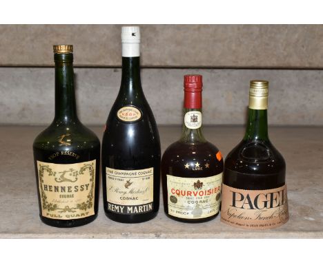 FOUR BOTTLES OF  COGNAC / BRANDY comprising one Full Quart bottle of HENNESSEY VSOP reserve Cognac (cork broken, partial loss