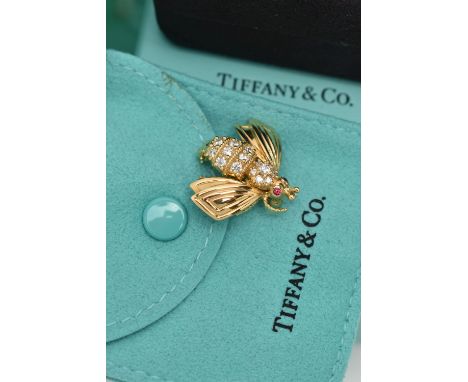 TIFFANY &amp; CO. DIAMOND AND RUBY BEE BROOCH, the body claw set with brilliant cut diamonds, to the ruby eyes, stamped Tiffa