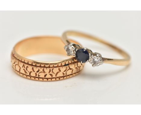 A LATE VICTORIAN 18CT GOLD WIDE BAND RING AND A GEM SET RING, the wide band with textured pattern, approximate band width 5.7