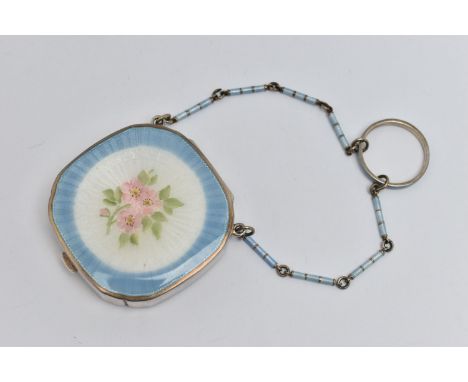 AN EDWARDIAN GUILLOCHE ENAMEL COMPACT, white metal compact, of a rounded square form, floral pattern with light blue enamel, 