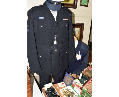 VINTAGE BRITISH RED CROSS UNIFORM, MILITARY AND OTHER BUTTONS, BADGES, ETC, TOGETHER WITH ASSORTED PIN BADGES, MG CAR BADGE, 