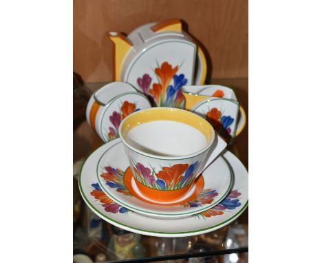 A SIX PIECE BRADFORD EXCHANGE 'CLARICE CLIFF' PART TEA FOR TWO SET, after Clarice Cliff's 'Crocus' pattern, limited edition, 