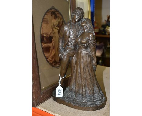 A JOHN LETTS SCULPTURE, a bronzed resin group of a couple, height 30cm, together with  two framed prints 'The Passer By' and 