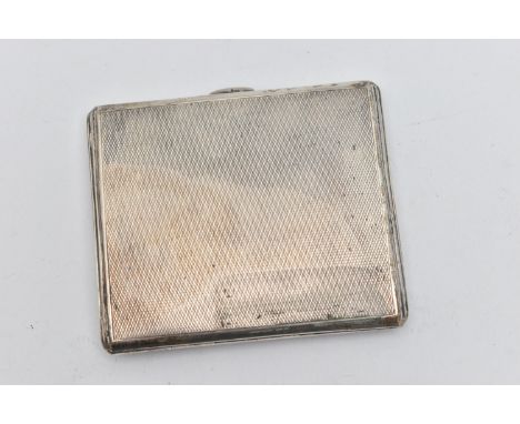 A SILVER CIGARETTE CASE, engine turned pattern cigarette case, push button release, gilt interior fitted with a yellow elasti