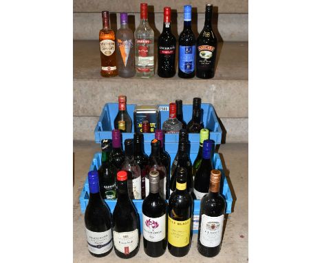 TWO BOXES OF ASSORTED ALCOHOL comprising seven bottles of assorted red wine from Europe and the New World, two bottles of Vin