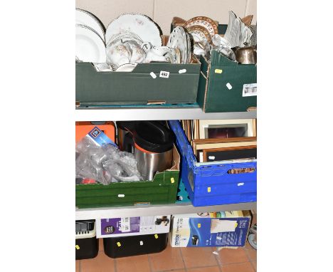 FOUR BOXES AND LOOSE CERAMICS, METAL WARES AND ELECTRICAL EQUIPMENT ETC, to include Royal Stafford apple blossom part dinner 