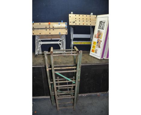 A VINTAGE STEEL FOLDING LADDER, a Black and Decker workmate, another folding workbench and two Raaco workshop shelves in boxe