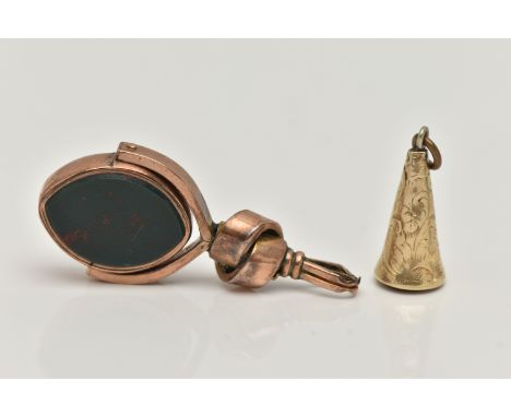 TWO LATE VICTORIAN FOBS, the first a swivel fob designed as a marquise shape panel set to one side with bloodstone and the ot