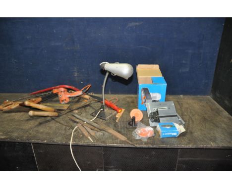 AN EMCO UNIMAT 3 CIRCULAR SAW ATTACHMENT and disc sanding attachment, along with various tools and an industrial gooseneck la