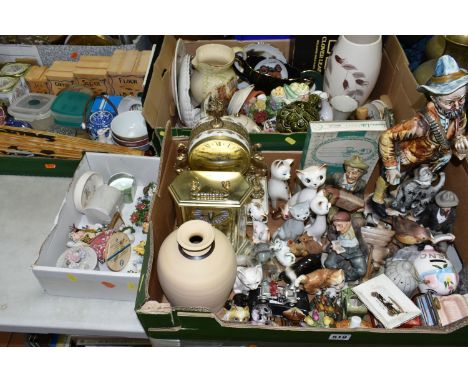 FOUR BOXES OF CERAMICS AND ORNAMENTS, to include a Sadler 'Mint Sauce' pot, four mid-century kitchen cannisters, a clear cut 