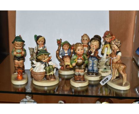 NINE HUMMEL / GOEBEL CHILD FIGURES, comprising Goose girl, Play Mates, Trumpet Boy, Soloist, Apple Tree Boy, Serenade, Sensit