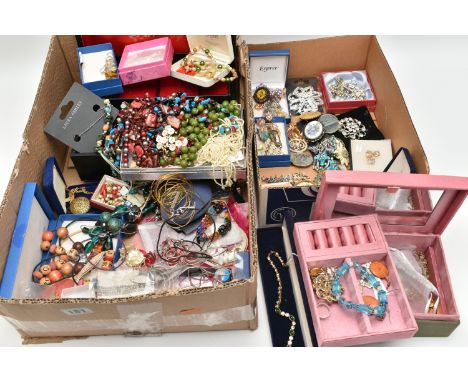 A BOX OF ASSORTED COSTUME JEWELLERY, to include a black jewellery box, a grey and pink fabric jewellery box, various semi-pre