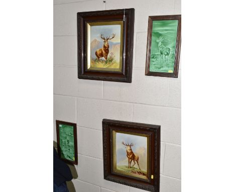 TWO PAIRS OF LATE 19TH / EARLY 20TH CENTURY FRAMED RECTANGULAR TILE PICTURES, comprising a pair painted with a Stag standing 