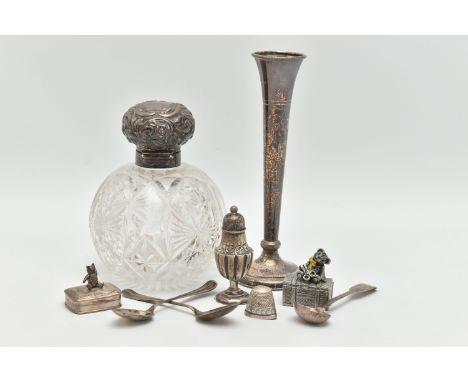 A SELECTION OF SILVER ITEMS, to include posy vase with weighted round base, hallmarked Birmingham, a round glass scent bottle