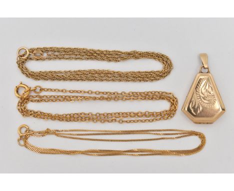 THREE YELLOW METAL CHAINS AND A LOCKET, the first rope twist chain with spring clasp, hallmarked 9ct Birmingham, length 500mm