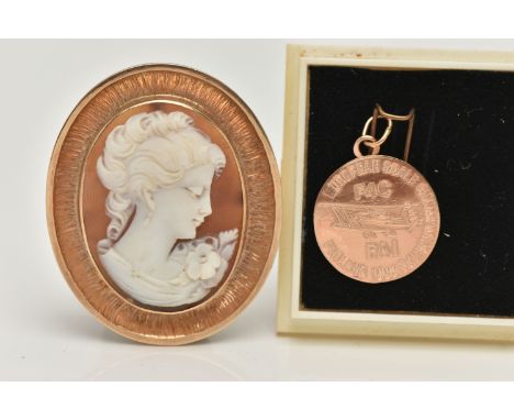 A 9CT GOLD CAMEO BROOCH AND A PENDANT, oval carved shell cameo depicting a lady in profile, collet set within a textured surr