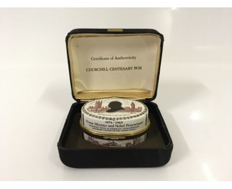 Winston Churchill Centenary Box by Halcyon Days, enamel on copper, number 26 of 500, a numbered edition. Made in 1974 in pres