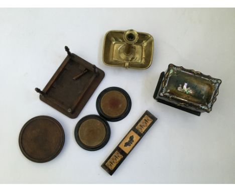 A Lacquerware and Mother of Pearl letter box together with a brass candlestick holder, a Tunbridge ware holder, a small appre