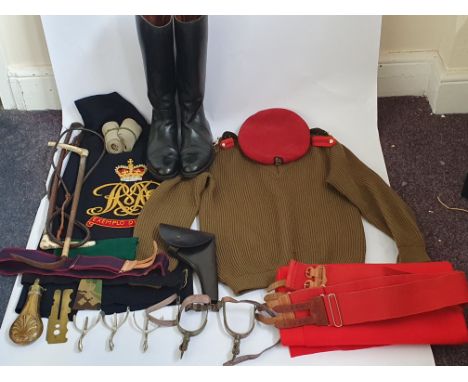 A collection of military items belonging to Brigadier Brian Thomas RMP, to include riding boots, two berets, an embroidered c