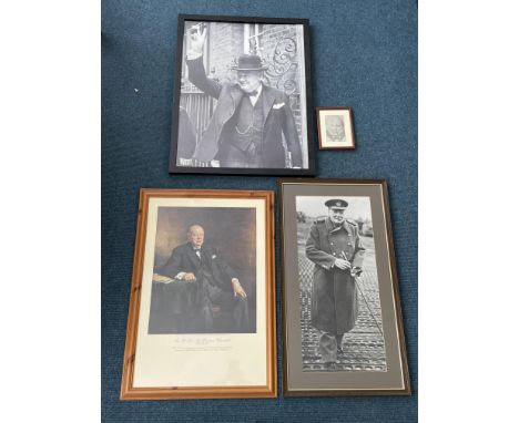 Two framed photos of Sir Winston Churchill, together with a print of Sir Winston Churchill and a sketch of the head and shoul