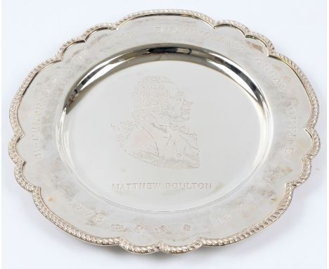 A boxed hallmarked silver commemorative plate celebrating the Bicentenary of the Birmingham Assay Office, depicting portrait 