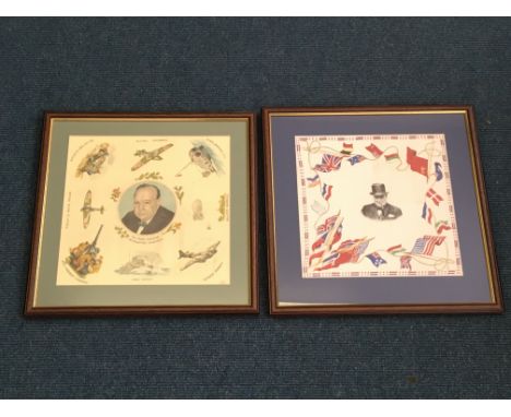 A handkerchief square with Churchill’s portrait in the centre with representations of armed forces British tank in action, wi
