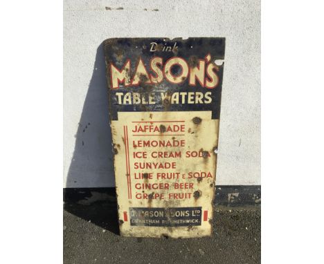 An old original blue and cream enamel advertising sign, ‘Drink Mason’s Table Waters’, approx 51cm x 102cm. BOOK A VIEWING TIM