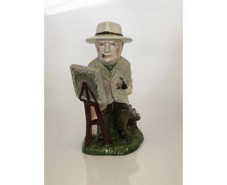 Standing caricature of Winston Churchill, 9” tall shows Churchill in white suit with hat and cigar painting at easel with bru