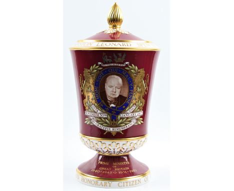 A Spode Sir Winston Churchill vase, with a photo of Churchill to front and two of his quotes to back, approx height 34cm. BOO