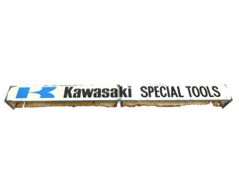 A Kawasaki Special Tools advertising sign, on blue metal frame with white vinyl frontage, 184cm wide, 15cm high, 15cm deep.