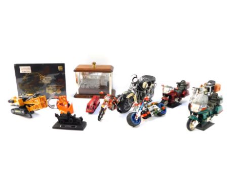 Motorbikes, locomotives and cars, including a TR123D digger set, 1:60 scale, a glass train in display case, model car and fiv