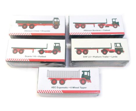 Five Eddie Stobart diecast vehicles, 1:76 scale, comprising Atkinson Borderer flatbed, Scania 110 flatbed, Atkinson 3 axle dr