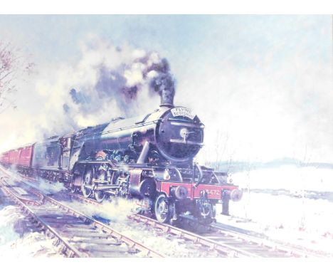 Terence Cuneo (1907-1996). The Flying Scotsman, print on canvas in elaborate gilt frame, 77cm x 101cm.