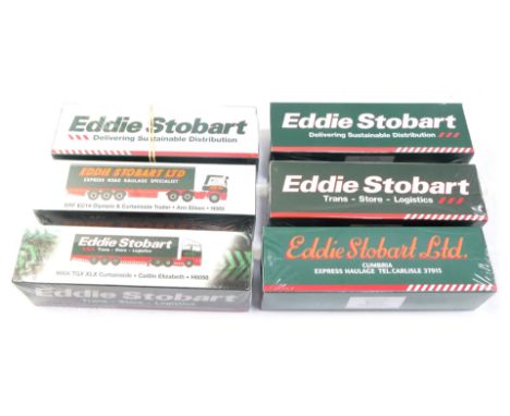 Six Eddie Stobart diecast vehicles, 1:76 scale, comprising Volvo FH curtainside trailer Phoebe Grace H4500, Scania Top Line c