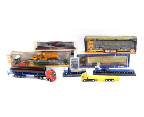 Diecast model trucks, comprising Weetibix, Scania R560 low cab and low loader, Scania R420, Globetrotter XL, Pacific Chapelon