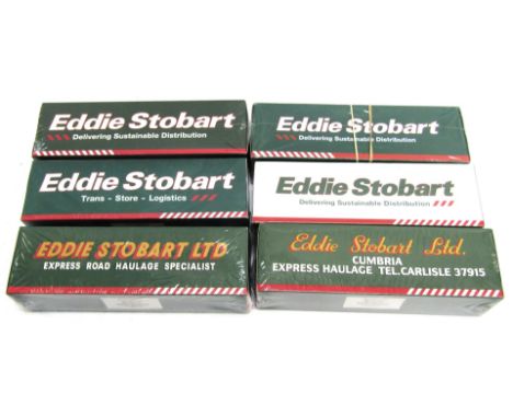 Six Eddie Stobart diecast vehicles, 1:76 scale, comprising Leyland DAF FT85CF curtainside Davina H345, Scania R143M 420 curta