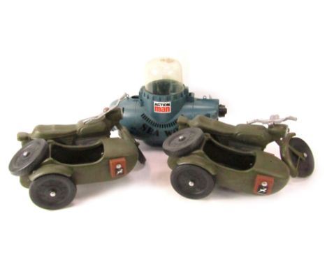 Three Action Man accessories, comprising two trikes and a Sea Wolf submarine.