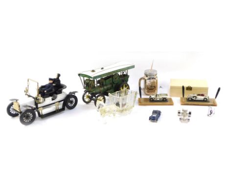 A traction engine, a White Town car, various car ornaments, pen trays and trinkets. (2 trays)