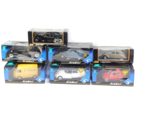 Seven Solido and Maisto diecast cast vehicles, comprising Solido Citroen HY1962, Citroen DS Berline 1963, Fiat 500 Open 1960,