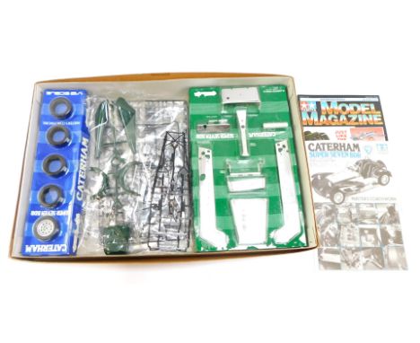 A Caterham Super 7 BDR Tamiya kit built, 1:12 scale, boxed.