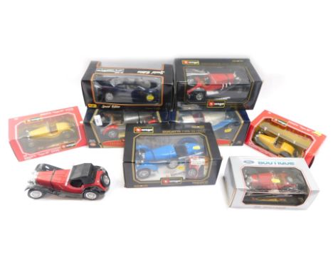 Burago and Maisto diecast vehicles, 1:18 scale, comprising Jaguar XJ220, Mercedes SSK, Alfa Romeo 2300 Spider, Mercedes Benz 