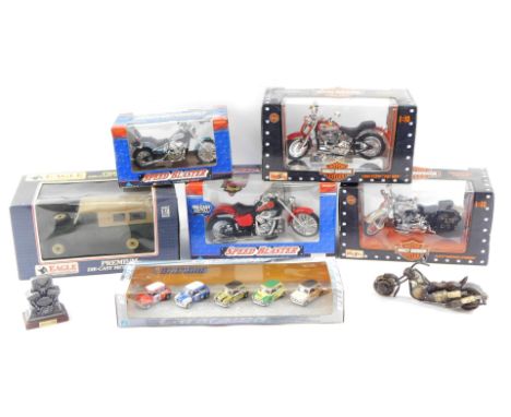 Diecast bikes and vehicles, comprising Maisto Harley Davidson FLSTS Heritage Springer, Harley Davidson 1999 FLSTF Fat Boy, Sp