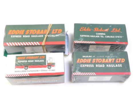 Four Eddie Stobart diecast vehicles, 1:76 scale, comprising a Ford Cargo curtainside lorry Leslie F210, Scania 94D six wheel 