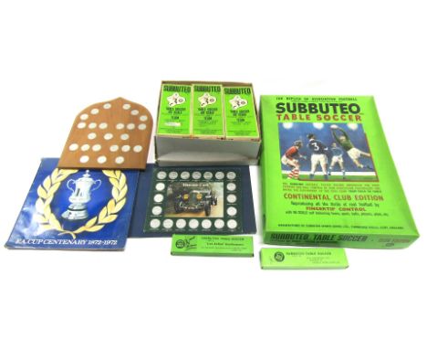 A Subbuteo Table Soccer set, additional C102 set, garage pieces and collector's coins. (a quantity)