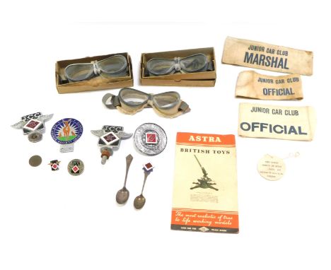 Automobile badges and trinkets, comprising Junior Car Club official armbands, Junior Car Club car badges and pin badges, comm